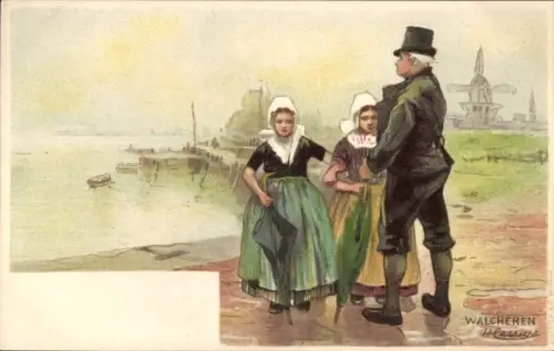 Künstler Litho Cassiens, H., Walcheren Zeeland, am Meer, Trachten