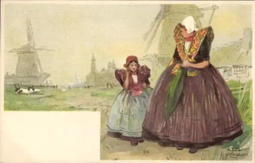 Künstler Litho Cassiers, H., Axel Zeeland, Mädchen in niederländischen Trachten, Windmühlen