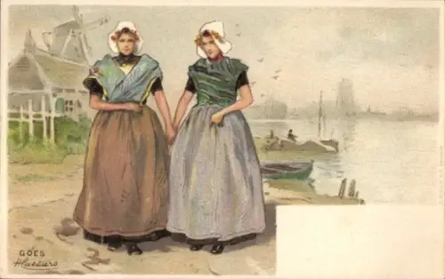 Künstler Litho Cassiers, H., Goes Zeeland Niederlande, Frauen in holländischer Tracht