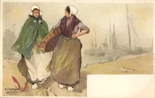 Künstlerin Litho Cassiers, Katwijk aan Zee, Frauen in niederländischen Volkstrachten