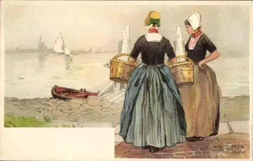 Künstler Litho Cassiers, H., Walcheren Zeeland, Frauen in niederländischen Volkstrachten