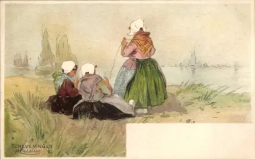Künstler Litho Cassiens, H., Scheveningen Den Haag Südholland, Frauen in Landestracht