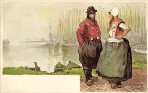 Künstler Litho Cassiers, H., Marken Nordholland, Mann u. Frau in Tracht, Hafen