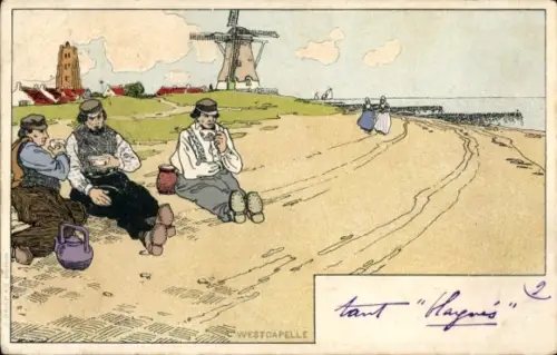 Künstler Litho Cassiers, H., Westcapelle Zeeland, Windmühlen, Männer in niederländischer Tracht