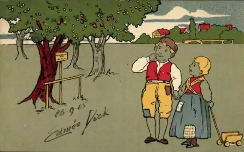 Künstler Ak Kinder an einem Obstbaum, Spielzeug