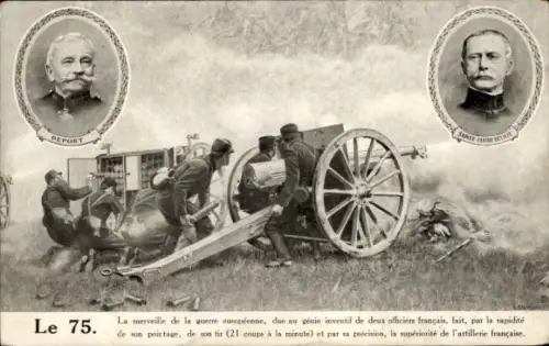 Ak Französische Artillerie, Soldaten an 75mm Geschützen, Schlachtszene, I. WK