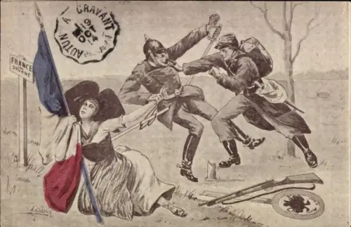 Künstler Ak französischer Soldat verteidigt Elsässerin an der deutschen Grenze, 1. WK