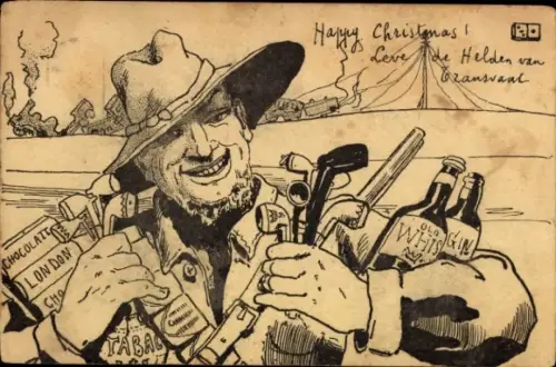 Ak Glückwunsch Weihnachten, Mann mit Pfeifen und Alkohol, Gewehr, Burenkrieg
