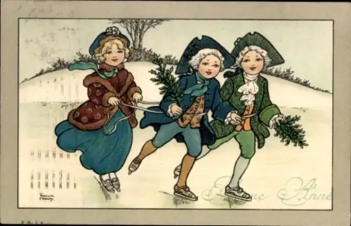 Künstler Ak Glückwunsch Neujahr, Kinder beim Schlittschuhlaufen