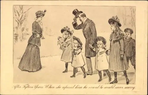 Künstler Ak After fifteen years, Mann mit vielen Kindern begegnet alter Liebe
