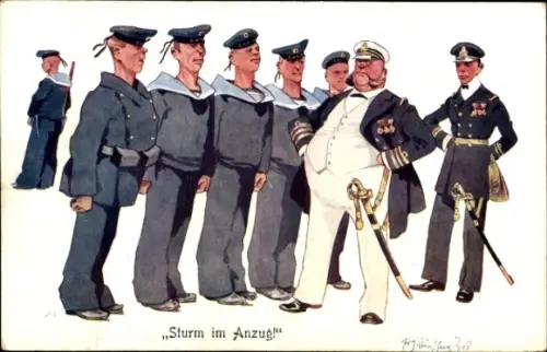 Künstler Ak Schönpflug, Fritz, Sturm im Anzug, Matrose, Dicker Offizier, BKWI