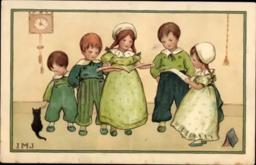 Künstler Ak Kinder beim Lesen, Katze