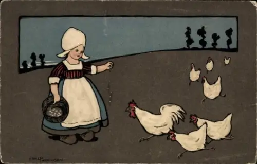 Künstler Ak Parkinson, Ethel, Mädchen in Niederländischer Tracht, Hühner
