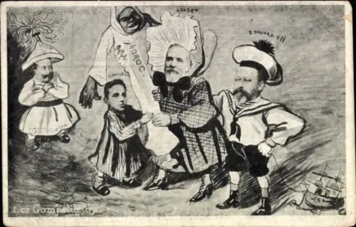 Künstler Ak Kaiser Wilhelm II, Eduard VII, Alfons XIII, Emile Loubet, Marokko, Karikatur