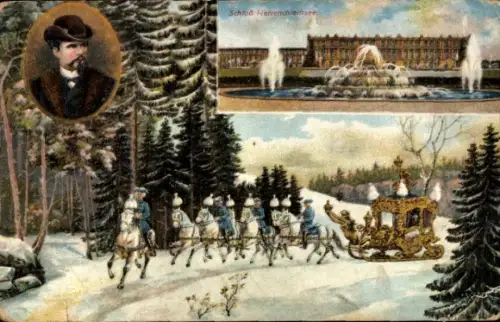 Ak Herrenchiemsee Chiemsee Oberbayern, Ludwig II von Bayern, Schlittengespann, Schloss