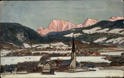 Künstler Ak Reiser, Carl, Garmisch Partenkirchen in Oberbayern, Gesamtansicht, Karwendel