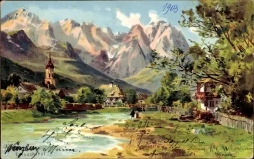 Künstler Ak Heinisch, Garmisch Partenkirchen in Oberbayern, Loisachtal, Gebirge