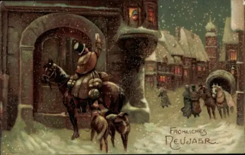 Künstler Ak Glückwunsch Neujahr, Reiter, Hunde