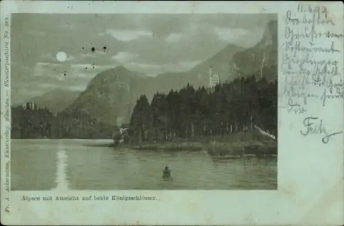 Mondschein Ak Hohenschwangau Schwangau im Ostallgäu, Schloss Neuschwanstein, Alpsee