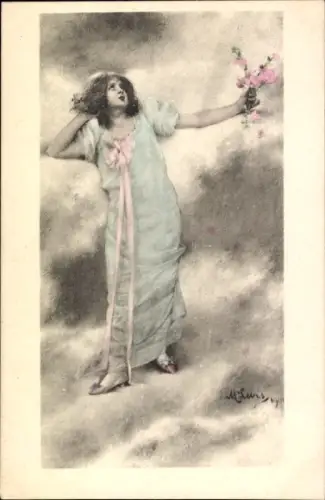 Künstler Ak Frau im hellblauen Kleid, Portrait