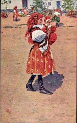 Künstler Ak Uprka, Joža, Mädchen und Kleinkind in tschechischen Volkstrachten