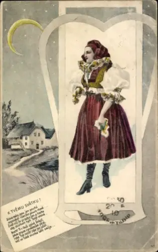 Ak Dorfansicht, Frau in tschechischer Tracht