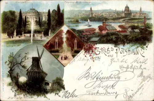Mondschein Litho Potsdam, Gesamtansicht, Sanssouci, Historische Mühle