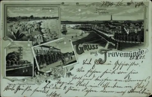 Mondschein Litho Ostseebad Travemünde Lübeck, Gesamtansicht, Strand, Leuchtturm, Kurhaus