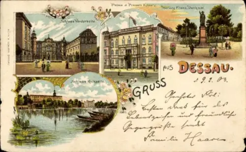 Litho Dessau in Sachsen Anhalt, Schloss, Prinz Eduard-Palais, Herzog Franz Denkmal