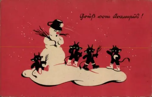 Ak Gruß vom Krampus, Schneemann, kleine Krampusse