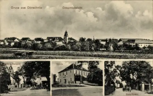 Ak Dörschnitz Lommatzsch Sachsen, Gesamtansicht, Kirche, Denkmal, Schule, Neue Straße