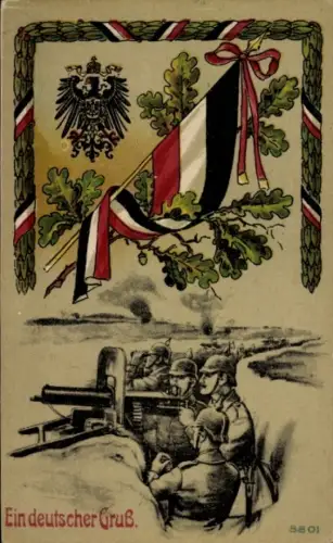 Ak Deutscher Gruß, Deutsche Soldaten, Maschinengewehr, Fahne, Wappen