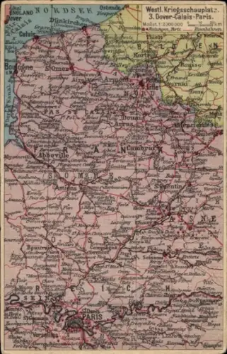 Landkarten Ak Westlicher Kriegsschauplatz Dover-Calais-Paris