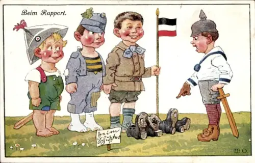 Künstler Ak Stiefelappell, Kindersoldaten, Fahne, Pickelhaube