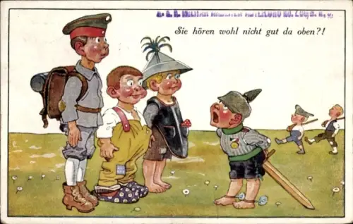 Künstler Ak Sie hören wohl nicht gut da oben, Kinder spielen Soldaten, Pickelhaube, Schwert