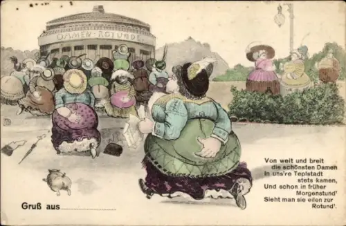 Ak Frauen rennen zur Toilette, Von weit und breit die schönsten Damen...