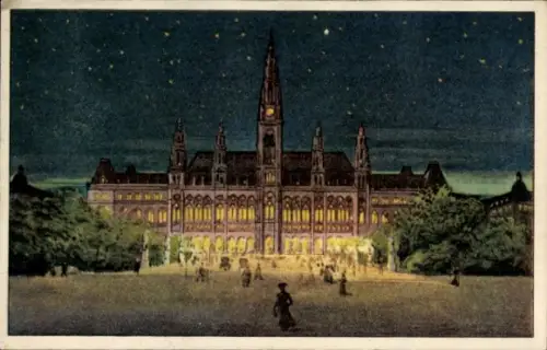 Ak Wien 1 Innere Stadt, beleuchtetes Rathaus mit hohem Mittelturm, erleuchtete Fenster, Personen 