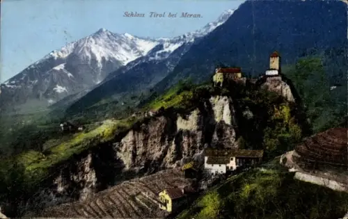 Ak Dorf Tirol Tirolo Südtirol, Castello Tirolo, Schloss Tirol bei Meran, Schloss auf Felsklippe, 
