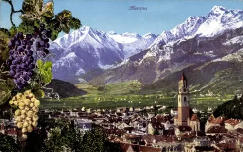 Ak Meran Merano Südtirol, Schneebedeckte Berggipfel, Tal mit Stadt und hohem Kirchturm, Weintraub