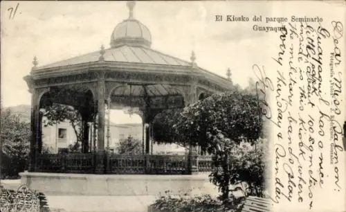 Ak Guayaquil Ecuador, achteckiger Pavillon mit Kuppeldach, Ziergitter, Bäume, handschriftlicher R