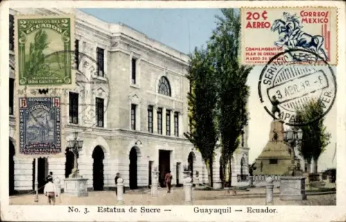 Ak Guayaquil Ecuador, Denkmal mit Statue, mehrstöckiges Gebäude, Bäume, Passanten, Briefmarken un
