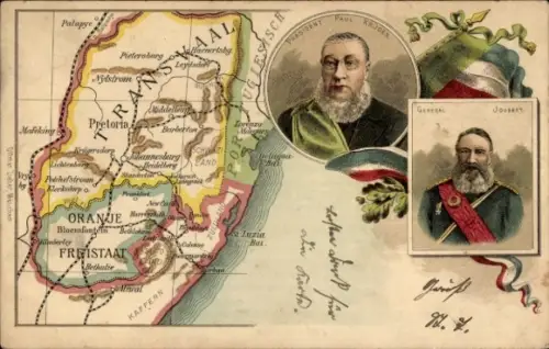 Landkarten Litho Südafrika, Transvaal, Oranje Freistaat, Präsident Paul Kruger, General Joubert