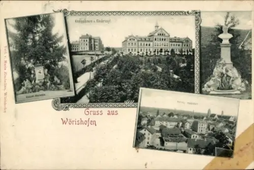 Ak Bad Wörishofen im Unterallgäu, Collage mit Kinderasyl-Gebäude, Gartenanlagen, Stadtansicht, Br