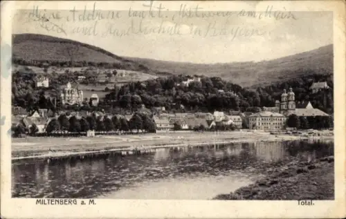 Ak Miltenberg am Main Unterfranken, Fluss mit Spiegelung, Uferhäuser und Promenade, Baumreihe, Ki