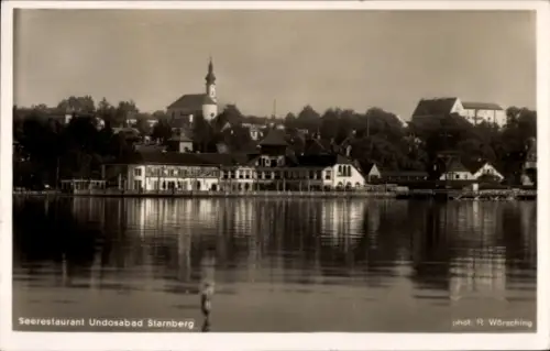 Ak Starnberg am Starnberger See Oberbayern, Seenfront mit Restaurantgebäuden, Uferpromenade, Kirc