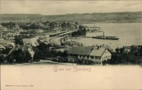 Ak Starnberg am Starnberger See Oberbayern, Ufer mit Anleger und Dampfschiff, Eisenbahnstrecke mi