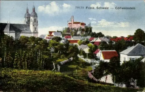 Ak Gößweinstein in Oberfranken, Kirche mit zwei Türmen, Burg auf Felsen, Dorfhäuser mit roten Däc