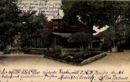 Ak Lahr im Schwarzwald Baden, Bäume, gepflegtes Blumenbeet, Wege, kleiner Pavillon, gedruckter Gr