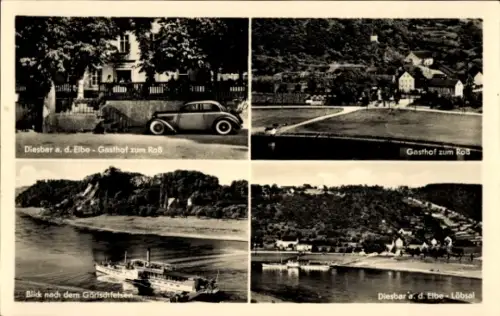 Ak Diesbar Seußlitz Nünchritz an der Elbe, Vier Bildfelder, Gasthof-Fassade mit Pkw, Gaststätte a