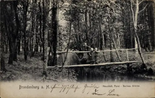 Ak Neustadt Dosse in Brandenburg, Holzsteg über Bach im Wald, zwei Personen auf der Brücke, hohe 